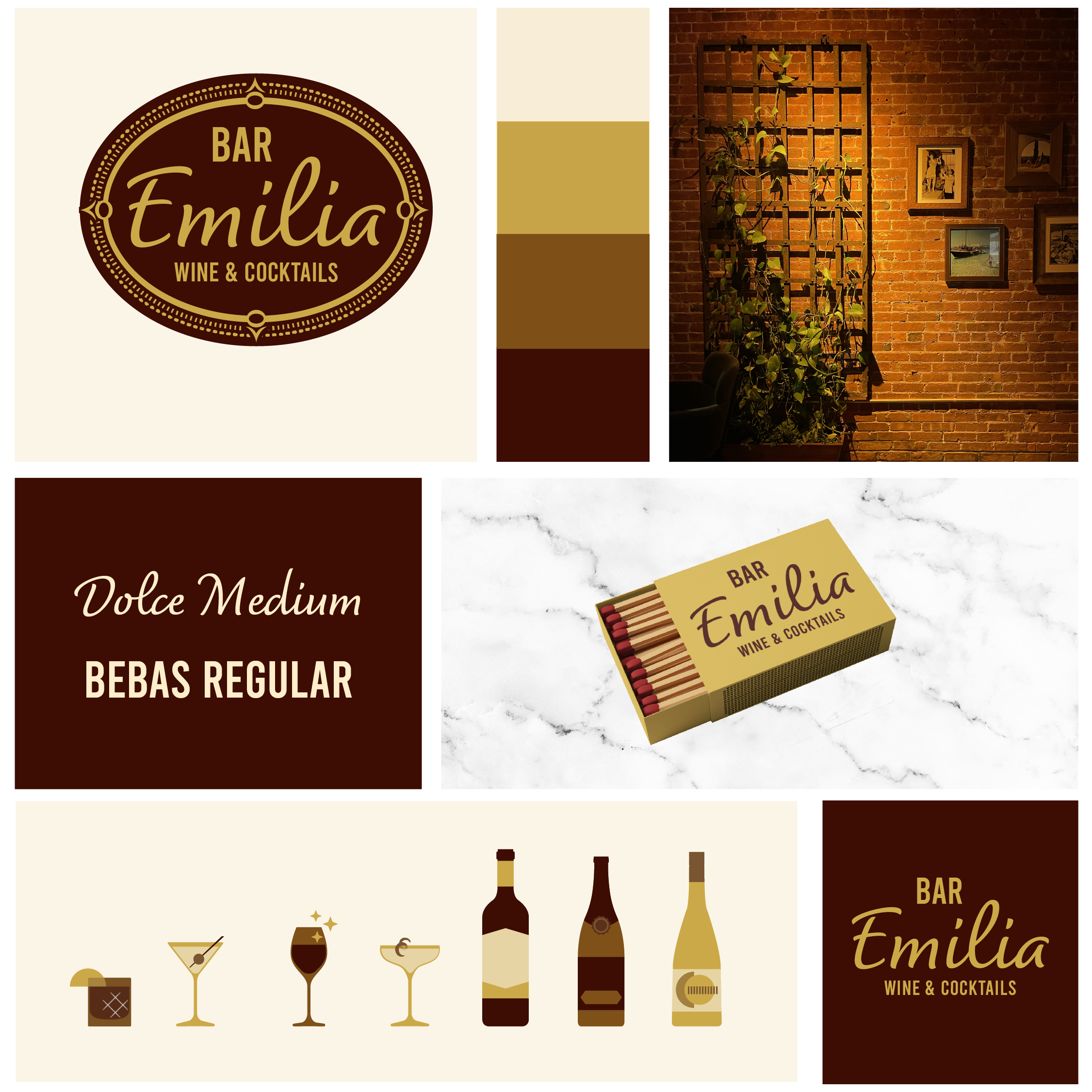 mid century modernesque designed cocktail drink graphics, brand mock ups, logo design in burgundy, cognac, mustard and cream colors, brand guidelines for an italian inspired wine and cocktail bar name Bar Emilia.