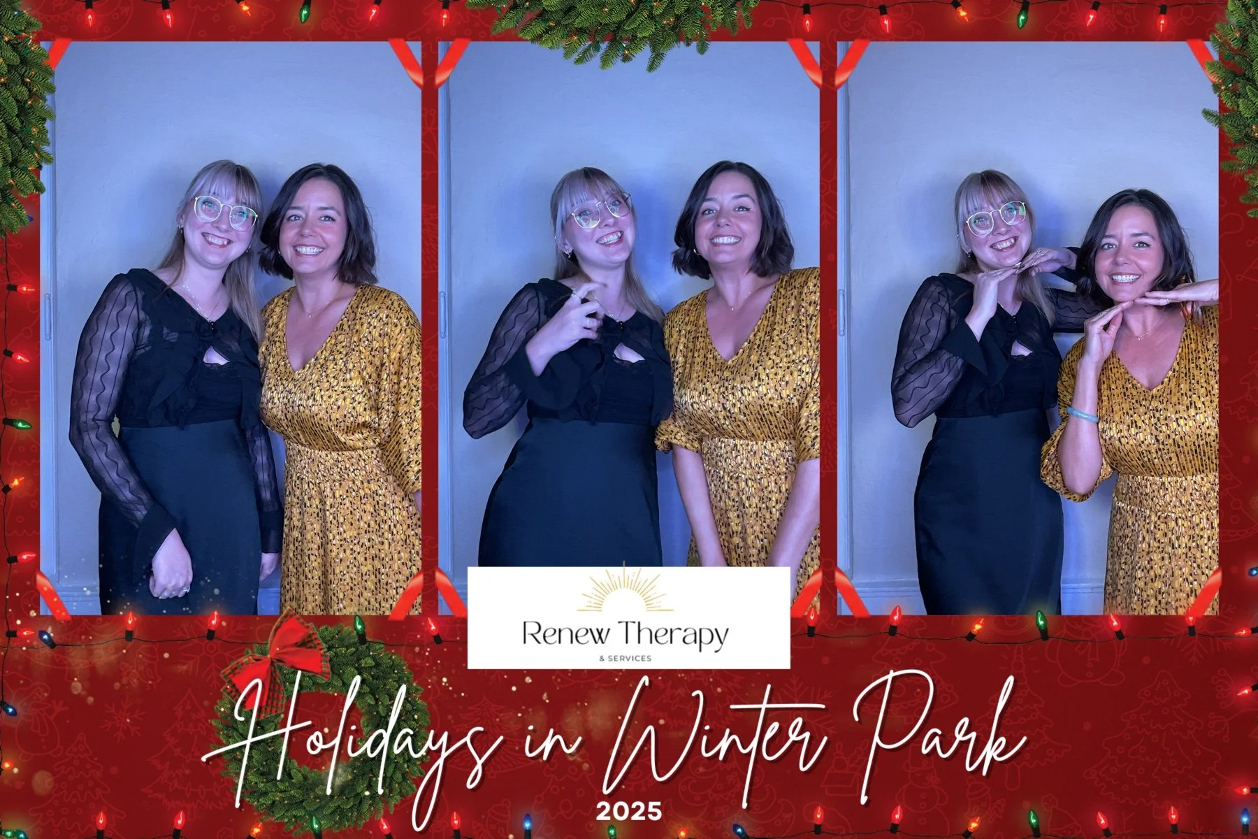 Three women standing together in front of a Holiday in Winter Park 2025 backdrop with Christmas decorations, smiling at the camera in a photo booth.