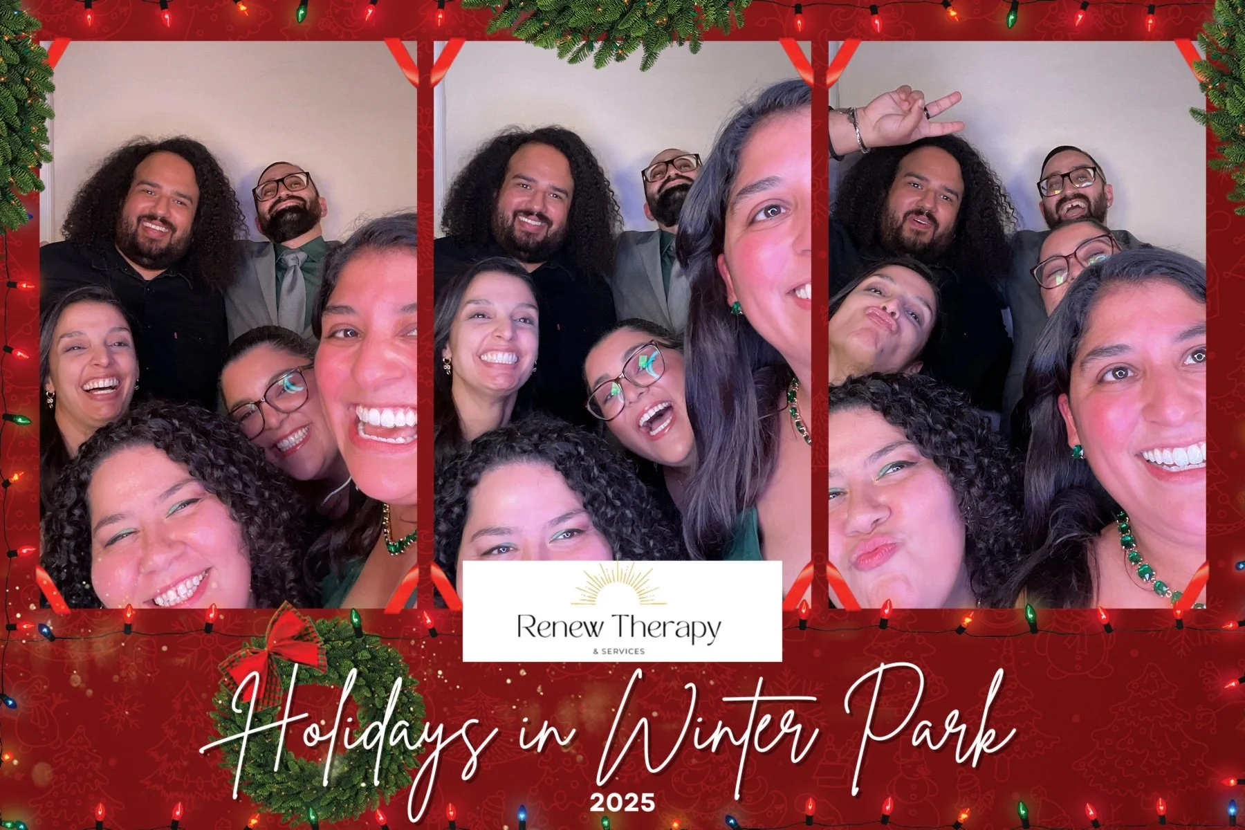 A group of ten people taking a photo together during a holiday event, with a red festive border, Christmas lights, a wreath, and the text 'Holidays in Winter Park 2025' and 'Renew Therapy & Services'.