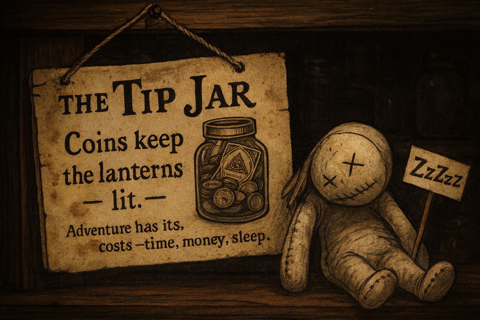 This is an image of Jenny's tip jar. On it, it reads: The Tip Jar. Coins keep the lanterns lit. Adventure has its costs, time money, sleep.  Feel free to support her creative work by clicking the link attached.