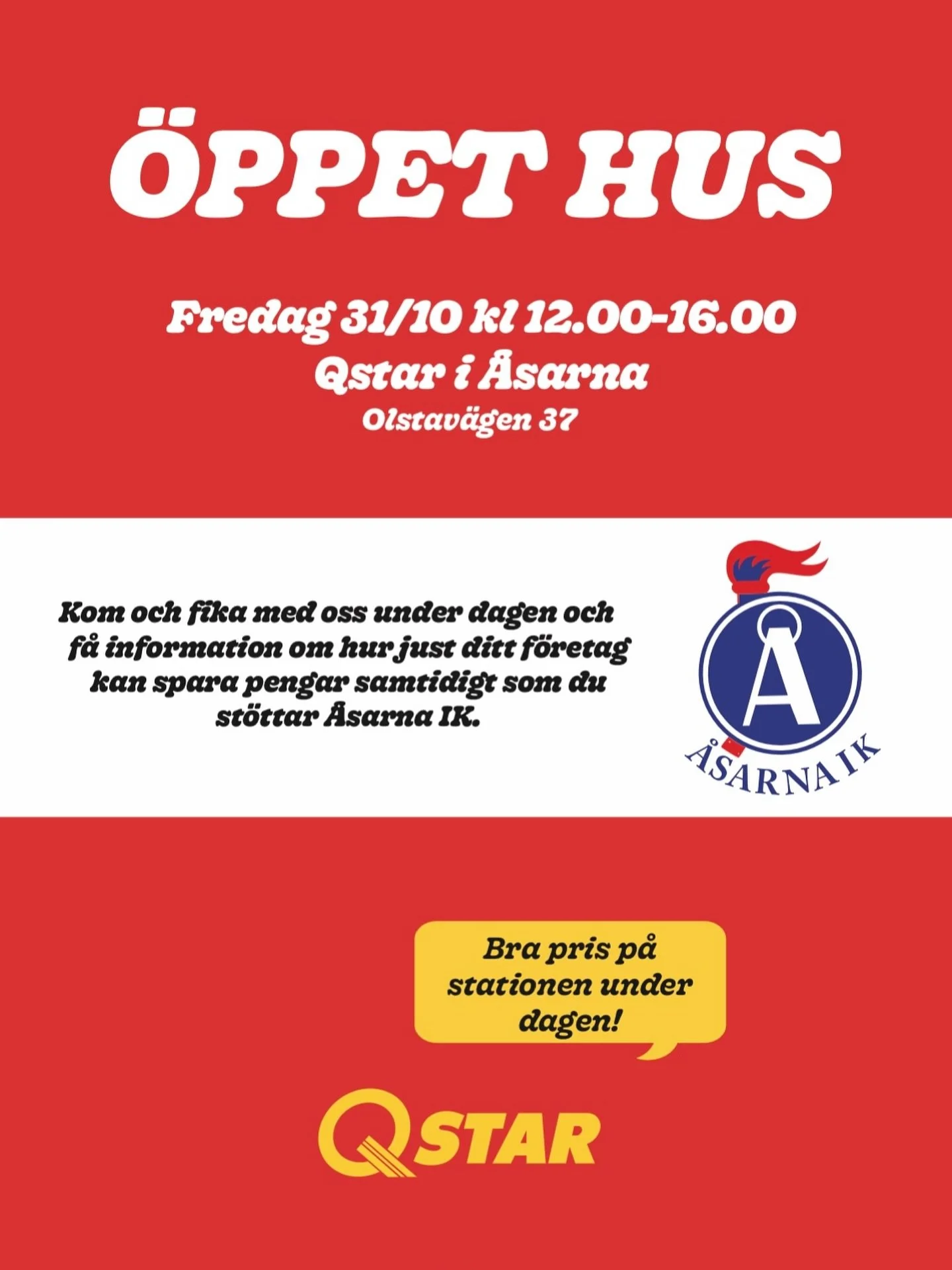 KOM OCH TRÄFFA OSS 🤩🤝👋
Fredagen den 31/10 är det öppet hus på Qstar i guldbyn Åsarna 🗯️
Vart? - Olstavägen 37 Åsarna 📍
När? 12.00-16.00 🕰️ 
Det kommer att finnas fika och dessutom bra priser på