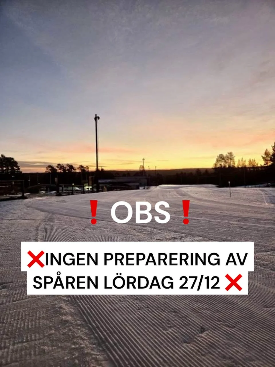 P&aring; grund av den r&aring;dande stormen som varnas mot helgen s&aring; kommer ingen preparering av sp&aring;ren att ske till morgondagen l&ouml;rdag den 27/12 och fram till och med att stormen har avtagit🌪️❌ Vi siktar p&aring; att vara ig&aring;