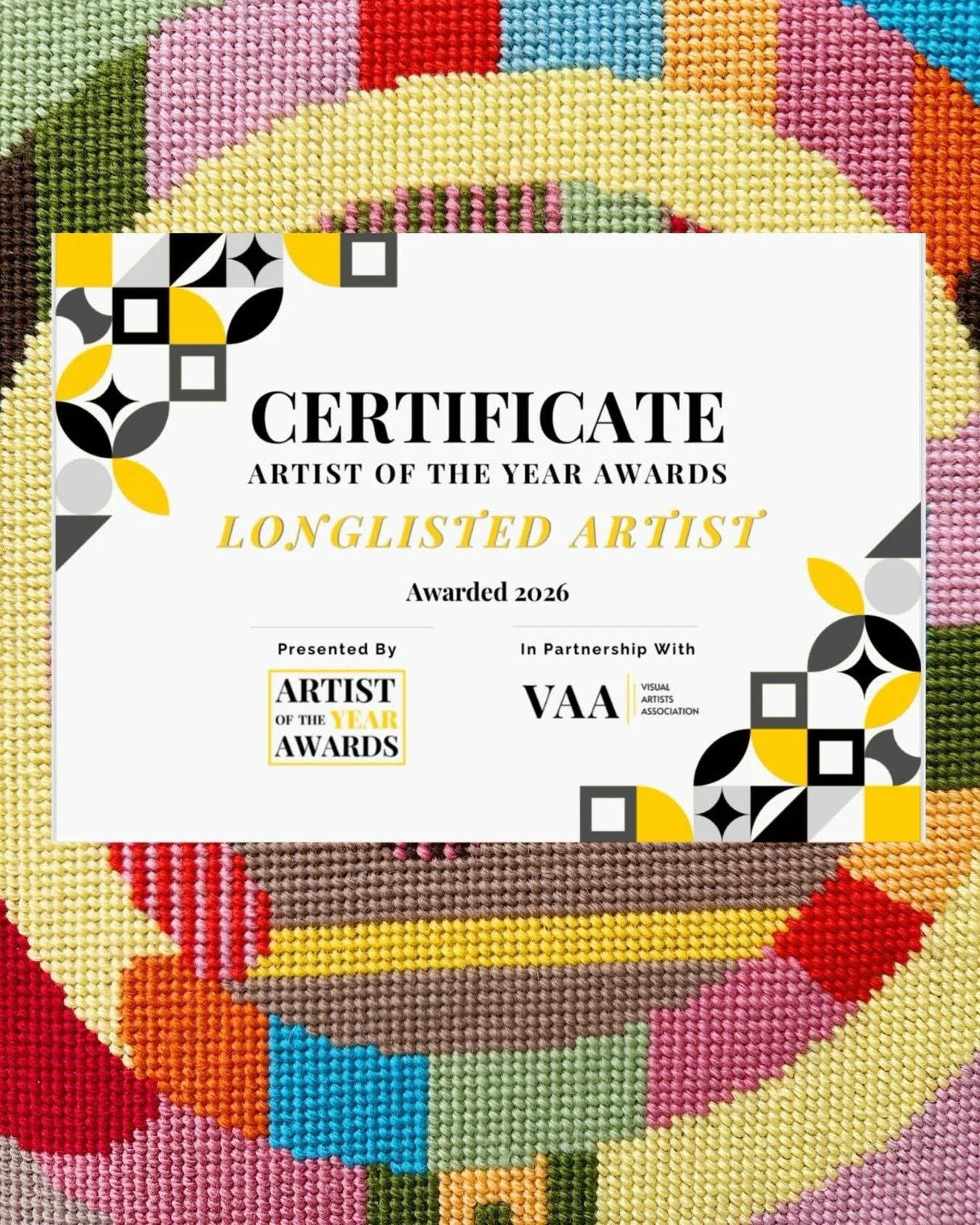 Some nice news on the way home! @artistoftheyearawards @visualartistsassociation 
.
.
.
.
.
.
.
.
#contemporarytextiles #moderntextiles #textileartist #womenartists #fibreart