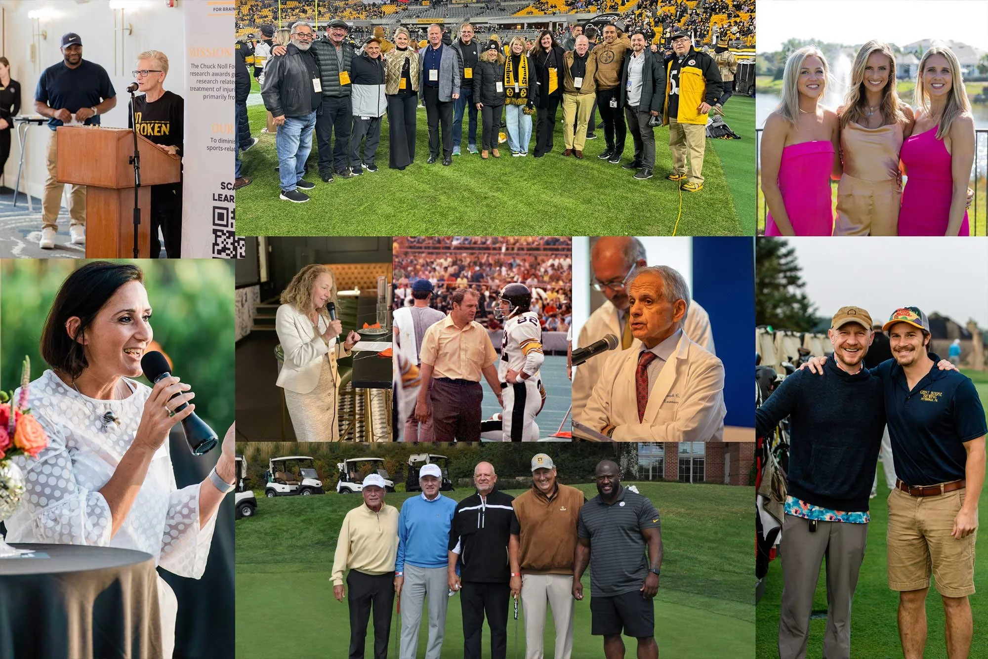Collage of Chuck Noll Foundation’s 2023 highlights, featuring event speakers, supporters on a football field, golfers, and a historical football sideline photo.