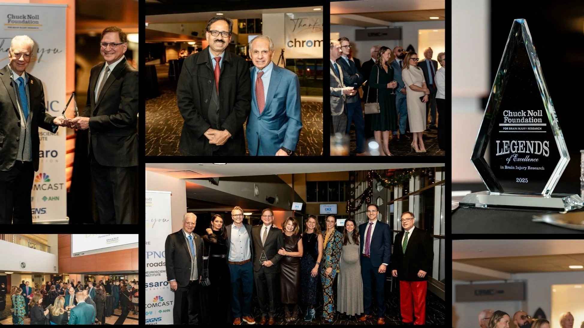 Collage from a past Chuck Noll Foundation Legends Event, showing an award presentation, guests gathering at the reception, and group portraits.