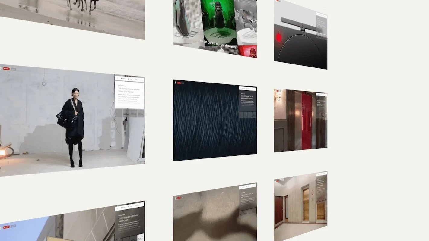 A digital display showcasing various images including a woman walking with a bag, patterned wallpaper, interior doors, and electronic devices.