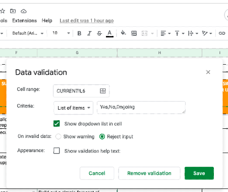 Image of computer screen displaying the Data Validation drop-down.