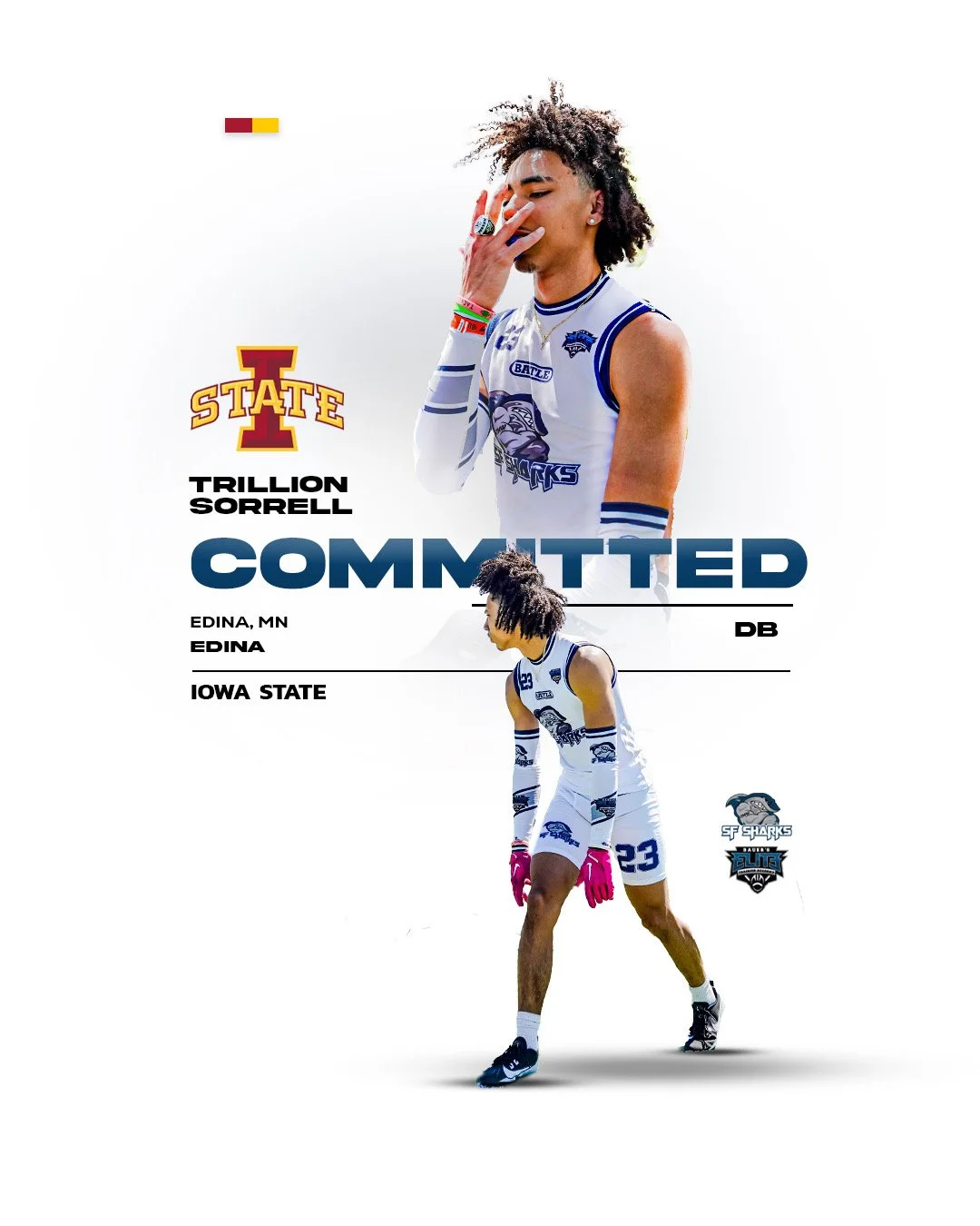 Announcement poster for Trillion Sorrell's commitment to State basketball, featuring two images of the player in a white basketball uniform with blue accents, one with braids and pink gloves, and another with dreadlocks, logos of SF Sharks and WA Blueprints, and text detailing hometown Edina, Minnesota, and position as a defensive back.