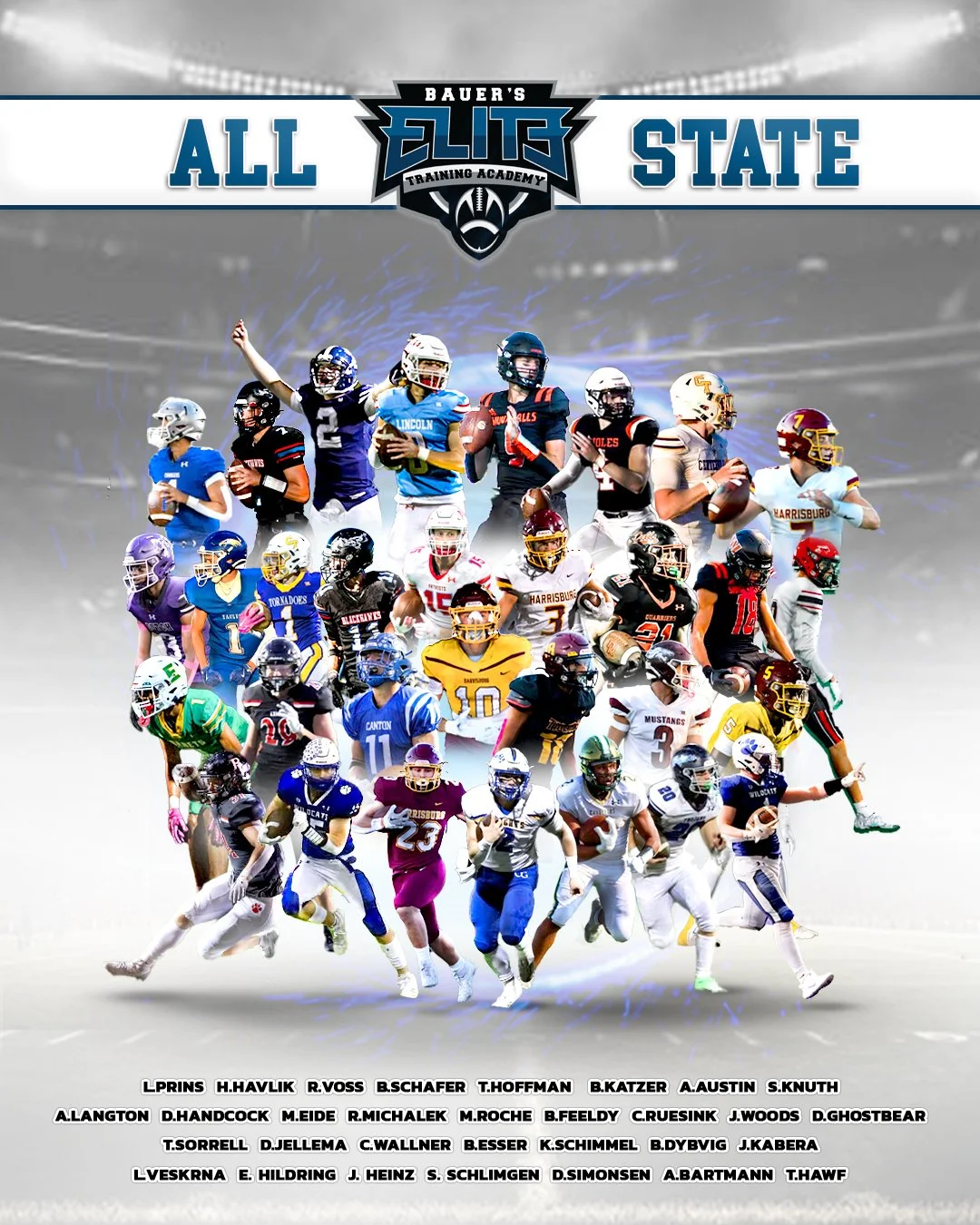 A digital graphic featuring multiple American football players in various team uniforms arranged in a collage. The top of the image has a banner with the text 'All State' and a logo for 'Bauer's Elite Training Academy.' The players are positioned dyn