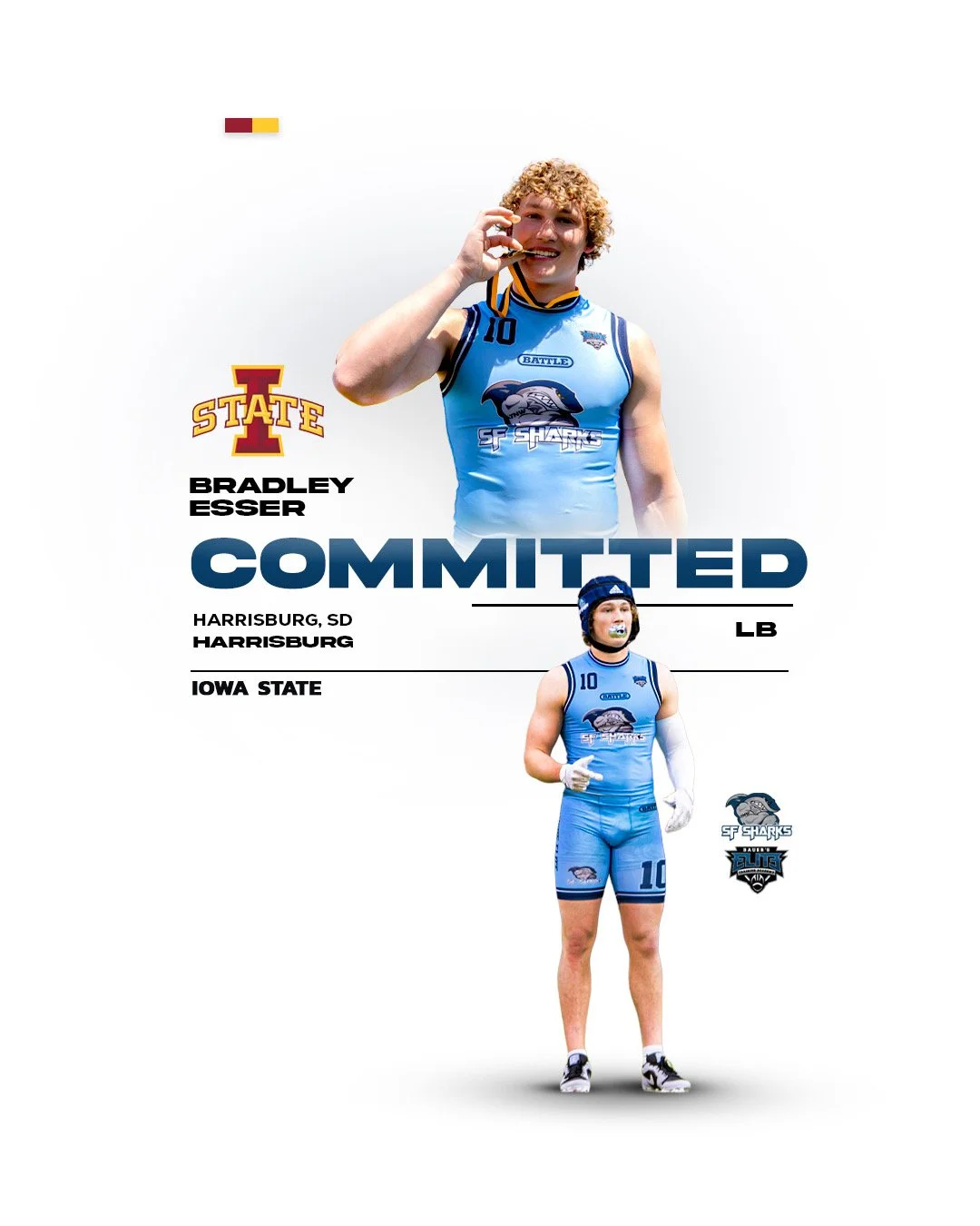 Announcement of Bradley Esser committing to Iowa State for football, featuring photos of him in SF Sharks and I State lacrosse uniforms, with team logos and info.