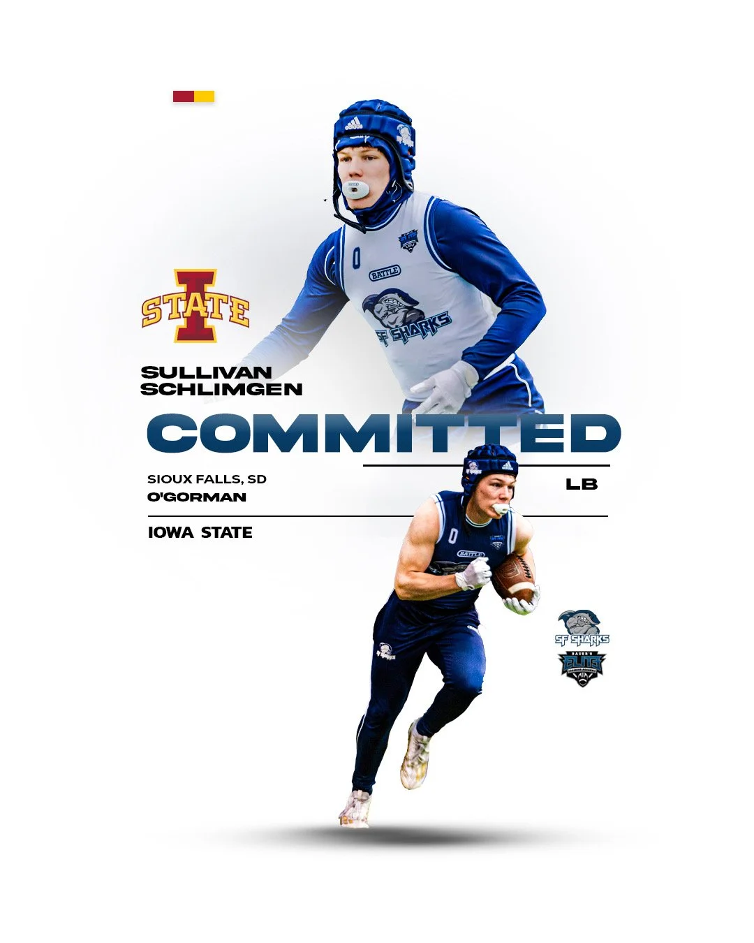 Poster featuring Sullivan Schlingen in football gear, committing to Iowa State University. It includes images of two players, team logos, and text with team details.