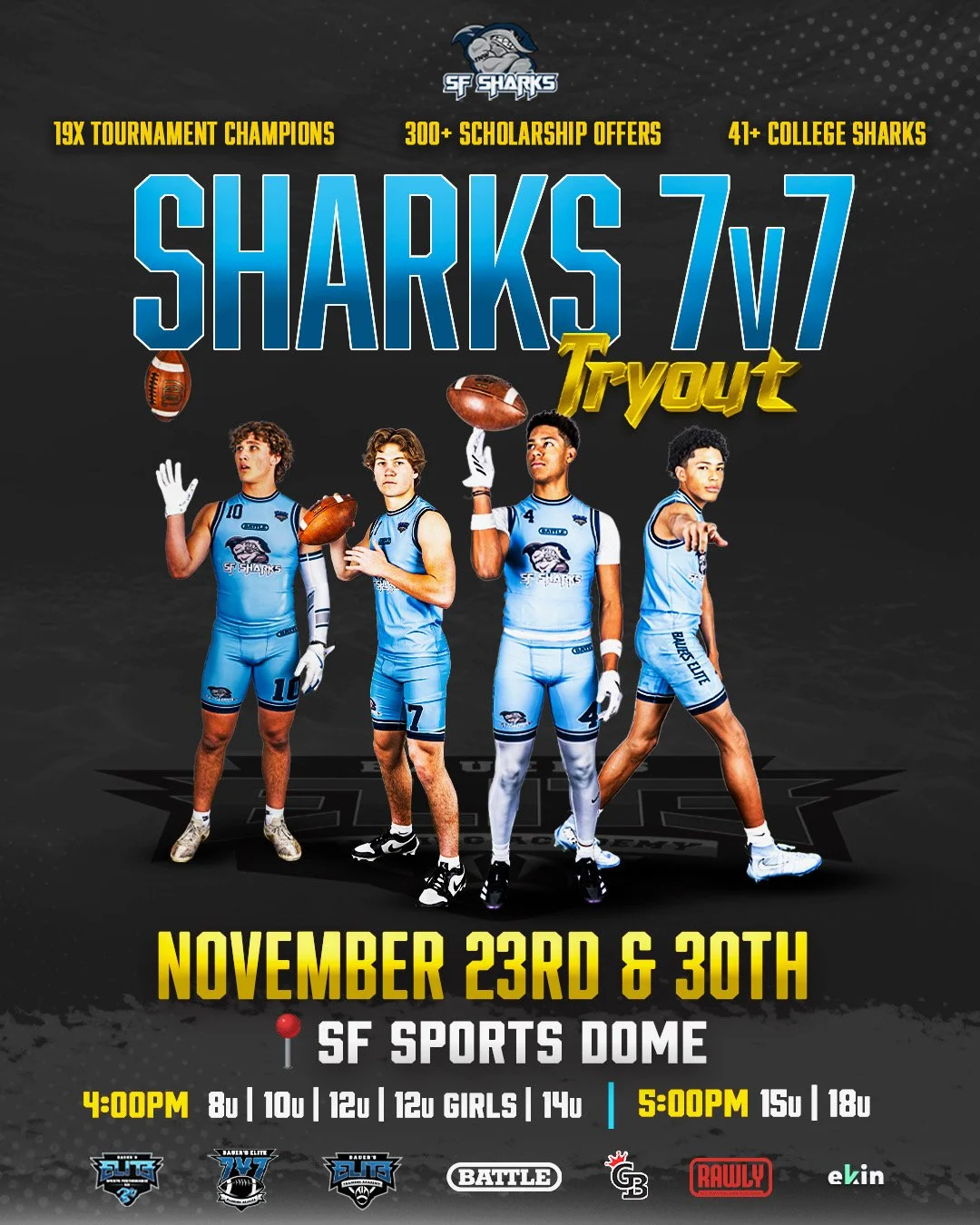 Flyer for the Sharks 7v7 Tournament Tryout featuring four young men in football uniforms with footballs at SF Sports Dome on November 23rd and 30th, showing tournament dates, times, and age groups.