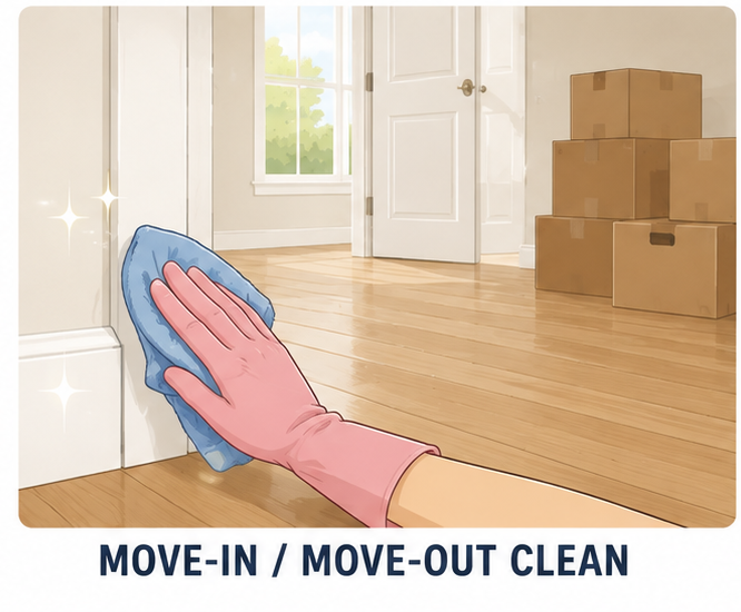 What's Included:

Kitchen: Clean and sanitize countertops, sinks, backsplashes, and stovetops. Wipe cabinet fronts and exterior appliances, and clean inside cabinets and drawers when empty and included in the service.

Bathrooms: Thoroughly clean and