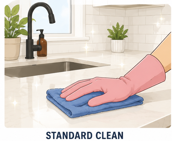 What's Included:

Kitchen: Wipe down countertops and exterior appliances, clean the sink, wipe cabinet fronts as needed, and sweep and mop floors.

Bathrooms: Clean and sanitize toilets, sinks, countertops, and tubs or showers. Clean mirrors and mop 