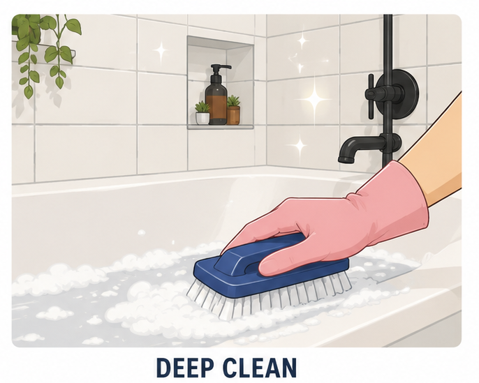 What's Included:

Kitchen: Clean and sanitize countertops, sinks, backsplashes, and exterior appliances. Wipe cabinet fronts, clean stovetops, remove grease and buildup, and sweep and mop floors.

Bathrooms: Deep clean and sanitize toilets, showers, 