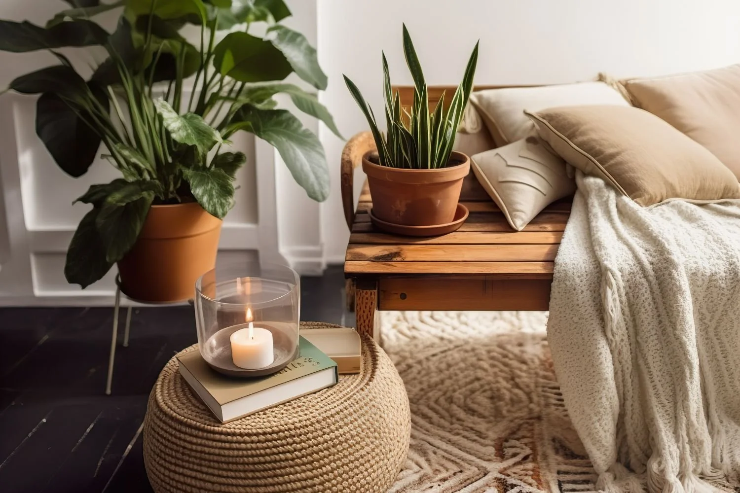 warm therapy office with candle and book and plants