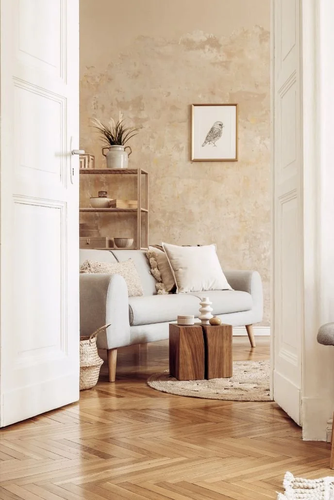 Grey couch in a boho minimalist living