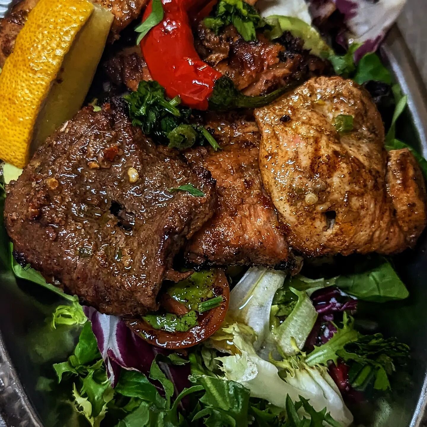 Avocado Salmon Salad with Chicken &amp; Lamb Kebab.

Delicious succulent fish and meat salad dish on a bed of Turkish salad.
.
.
.
#salad #shawarma #kebab #salmon #glasgowcoffee
#glasgowcoffeeshop #glasgowstudent #glasgowstudent #uws #avocado #grille