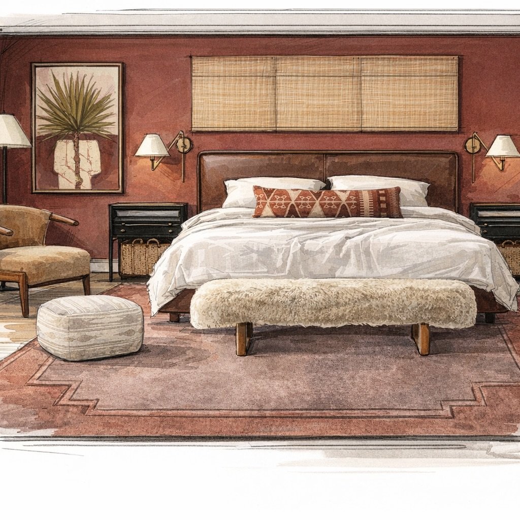 This ranch bedroom concept layers warm burgundy walls, woven textures, and saddle-inspired leather to create a space that feels grounded, relaxed, and quietly bold. The kind of room where mornings start slow, sunlight filters through natural shades, 