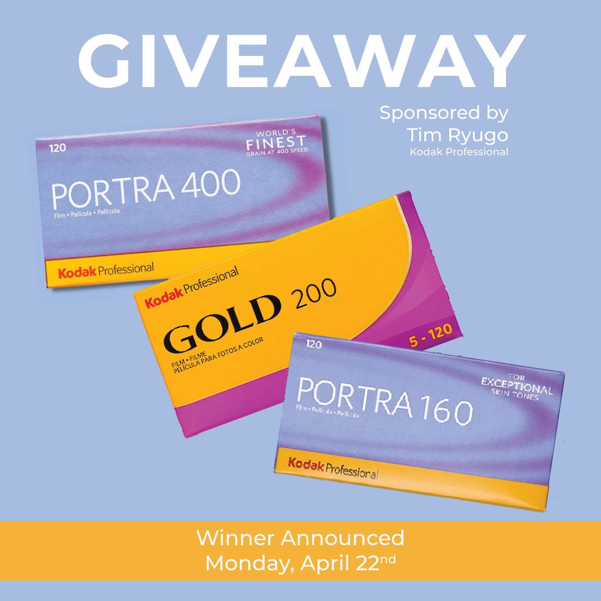 🎞️ BIG FILM GIVEAWAY 🎞️
Thanks to the great @timryugo_kodakprofessional 🧡
We will be giving away a pack of each Portra 400, Portra 160 &amp; Gold 200 in 120! 

To win you simply must be: 
1) Following @rewindfilmlab &amp; @timryugo_kodakprofession