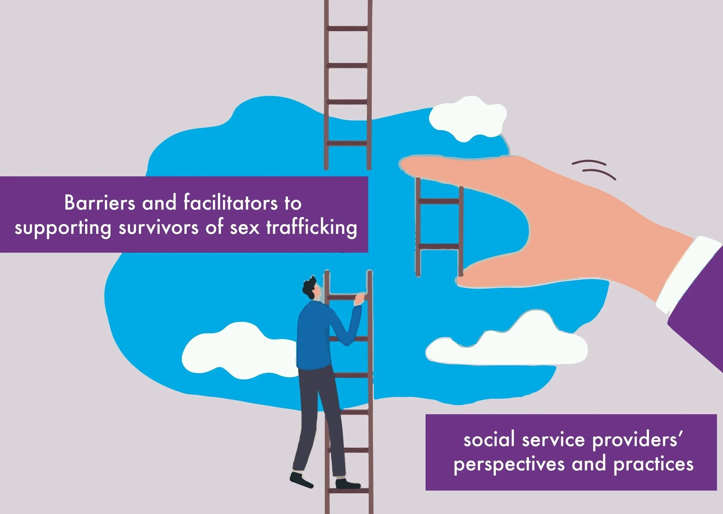 Image of a man climbing up a ladder towards the sky. A hand reaching out from the right side of the image is taking out or inserting a piece of the ladder. There is a purple box with white text on the upper left of the image that reads, “Barriers and