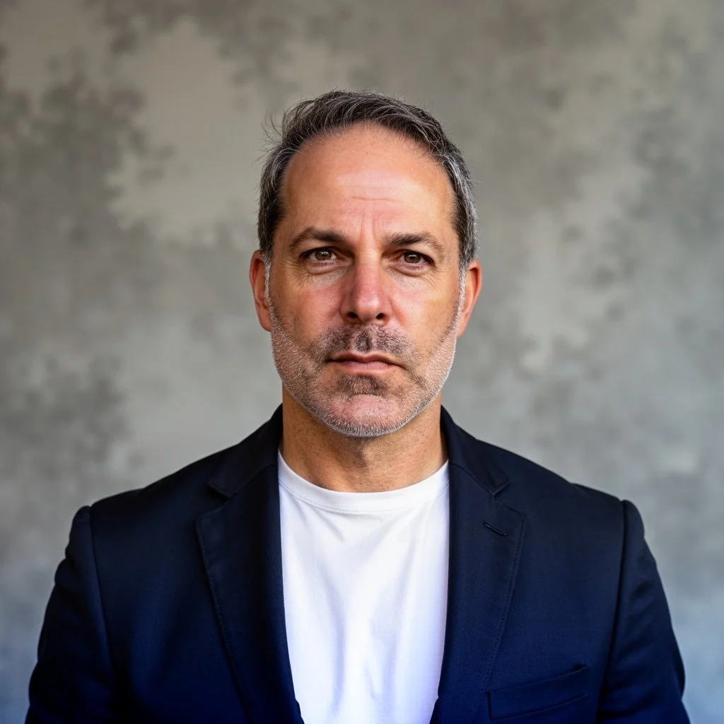 A middle-aged man with short gray hair and a gray beard, wearing a navy blazer and white shirt, standing against a textured gray wall.