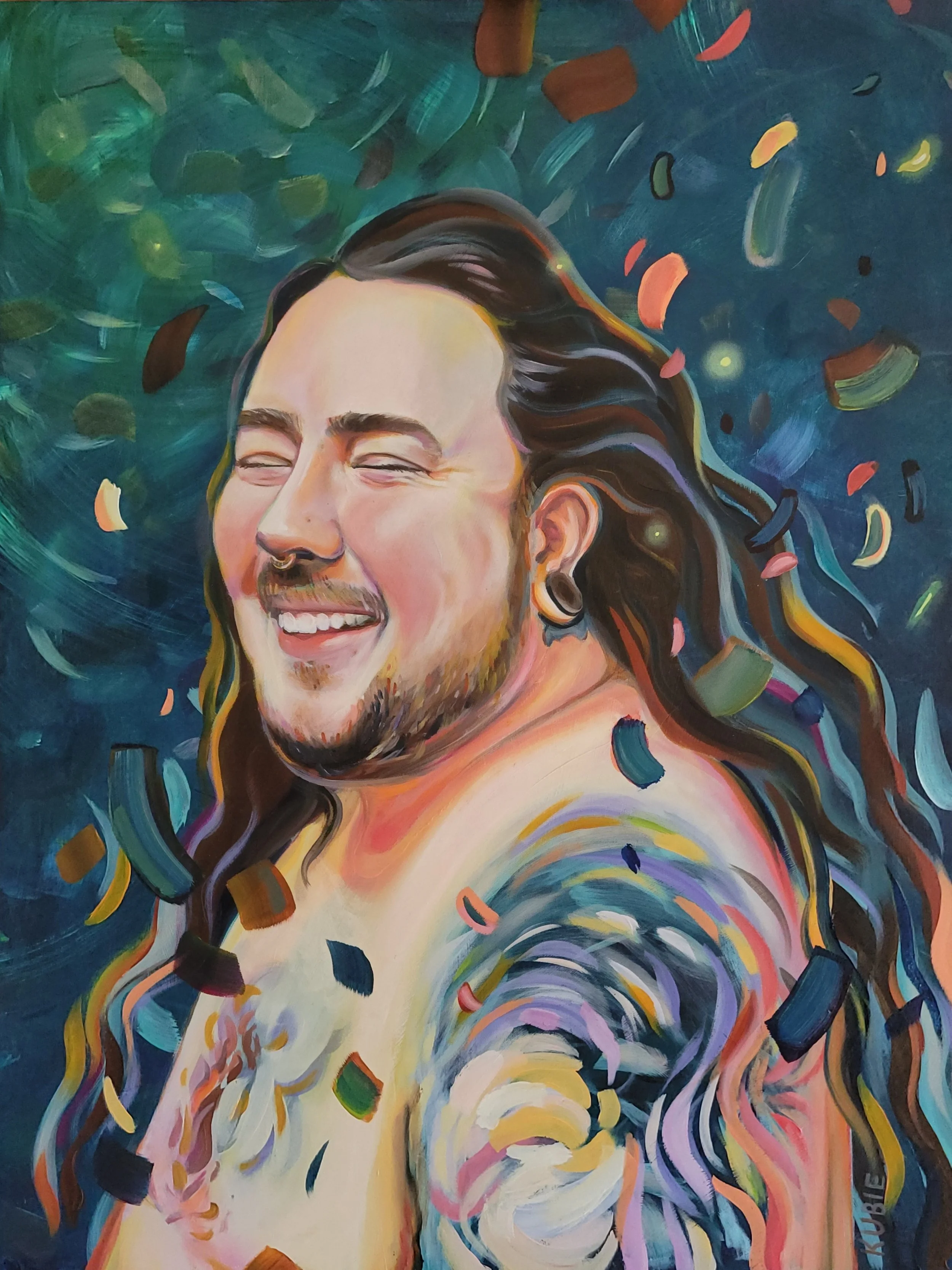 “First Portrait After Making it Safely Out of the United States and Beginning a New Life in Ireland (Rowan)”, 2026
Oil and Acrylic on Wooden Panel, 46 x 61 cm (18” x 24”)