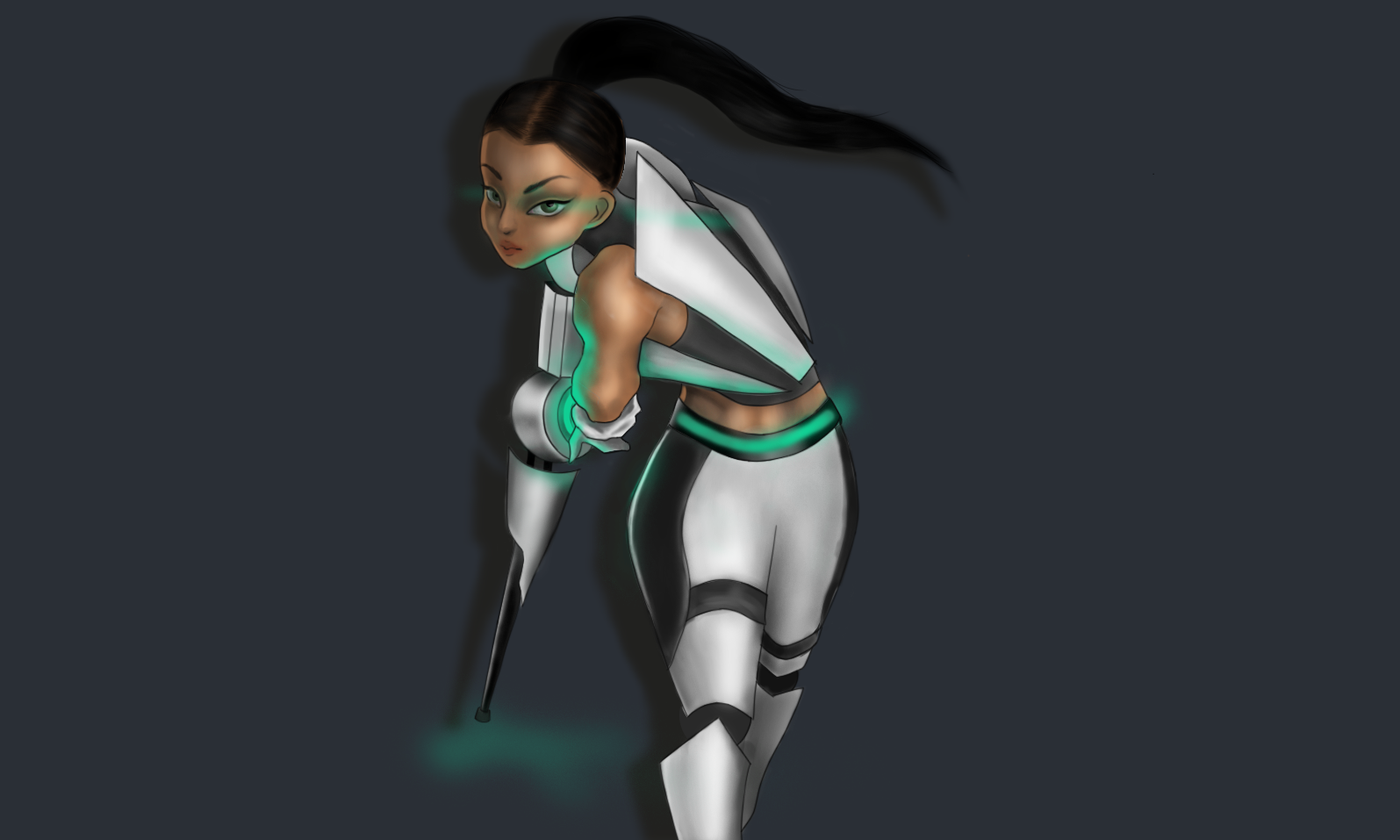 Digital illustration of a female sci-fi soldier with dark hair in a high ponytail, wearing futuristic armor with glowing teal accents, holding a weapon, against a dark background.