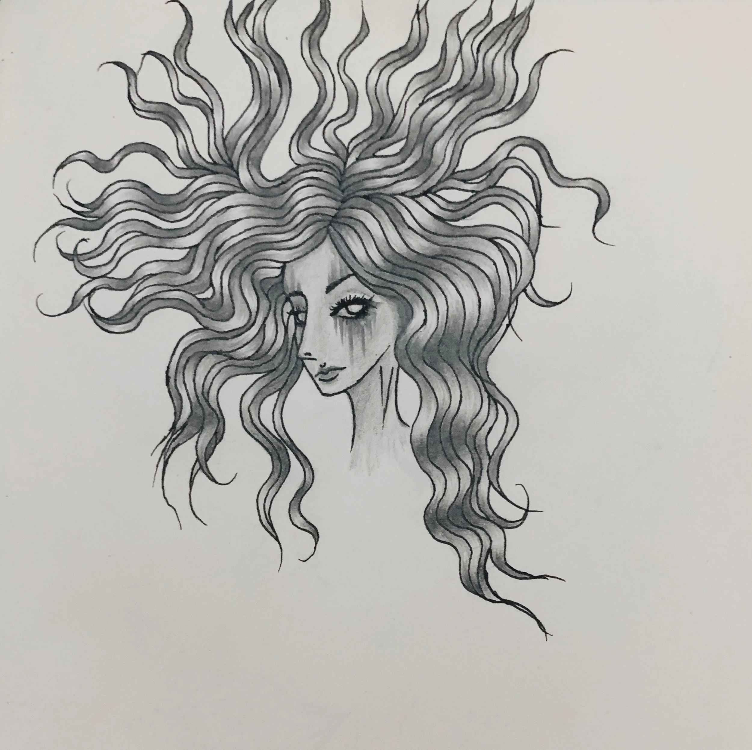 A black and white drawing of a woman with long, wavy hair covering one eye, with an intense expression and dark makeup dripping from her eyes.