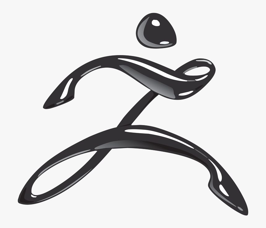 Black and gray abstract metallic sculpture of a person running or jumping, with a stylized design and smooth curves.