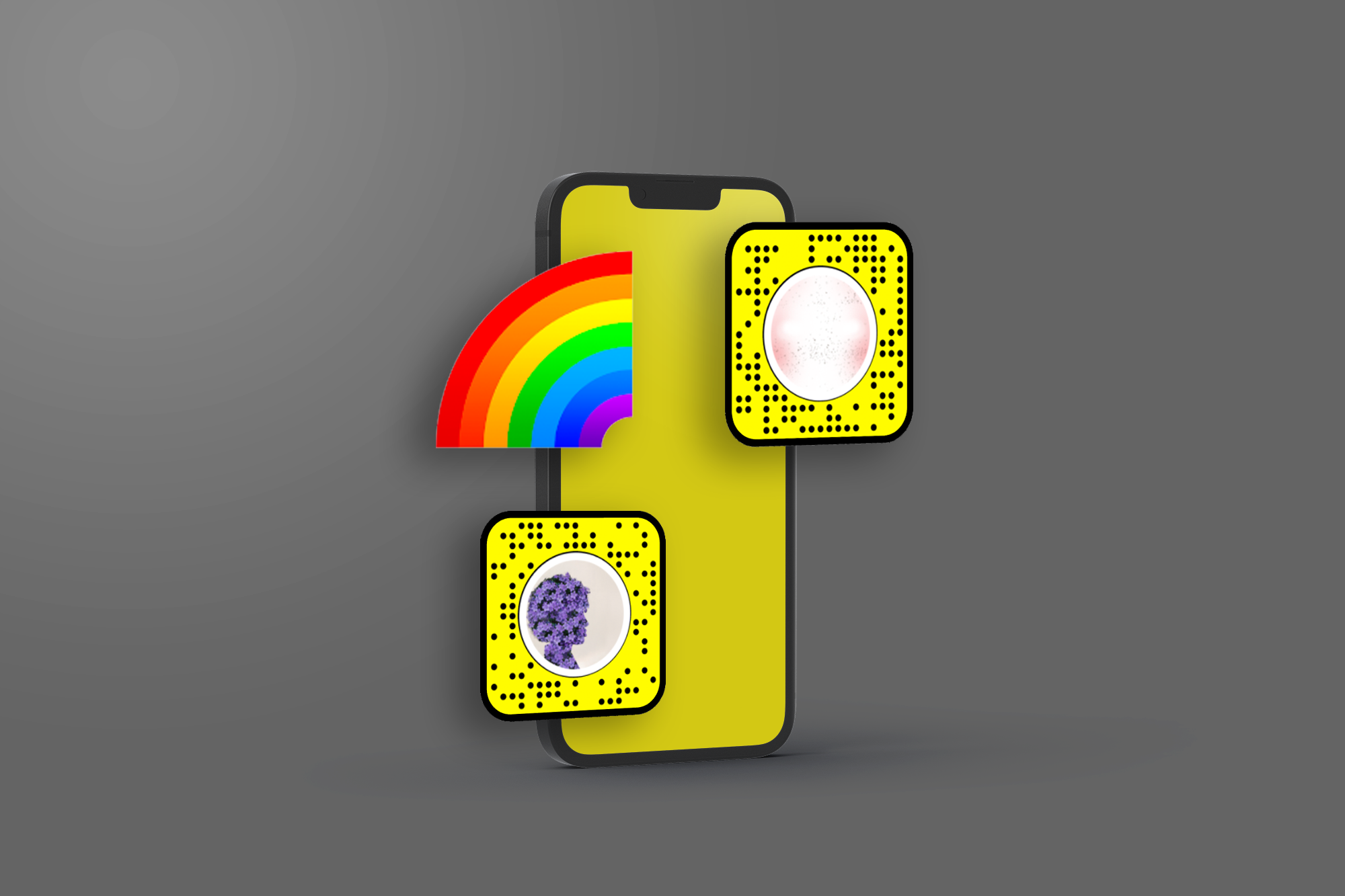 A yellow smartphone with two Snapchat codes, a rainbow, and a yellow background