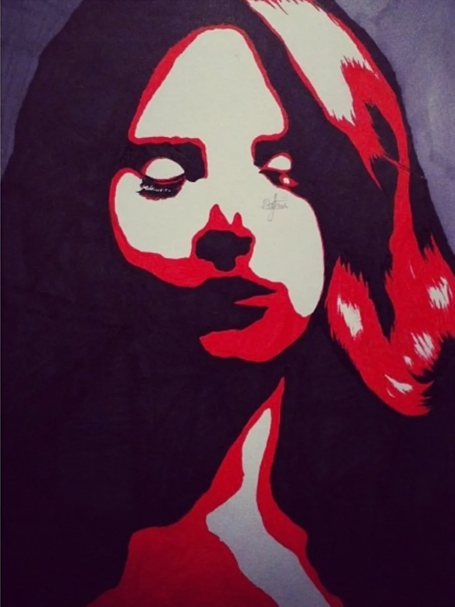 Stylized portrait of a woman with red, black, and white coloring, with the woman's face partly obscured and prominent hair.