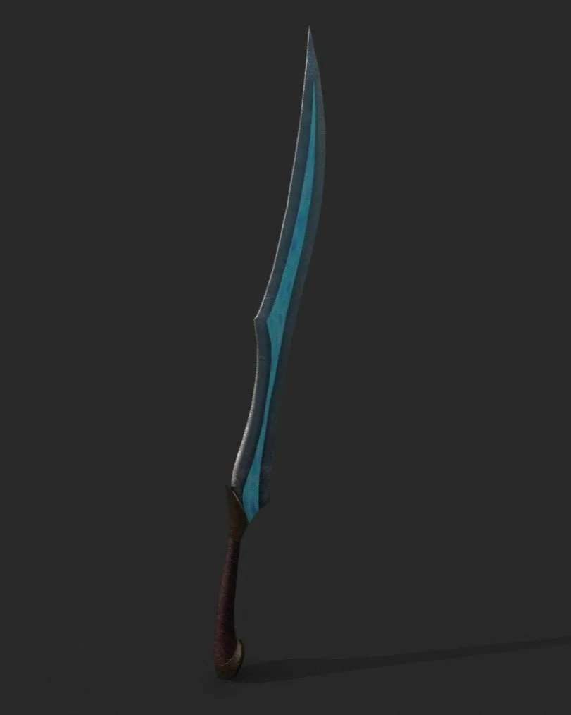 A fantasy-style sword with a blue and black blade and a dark brown hilt.