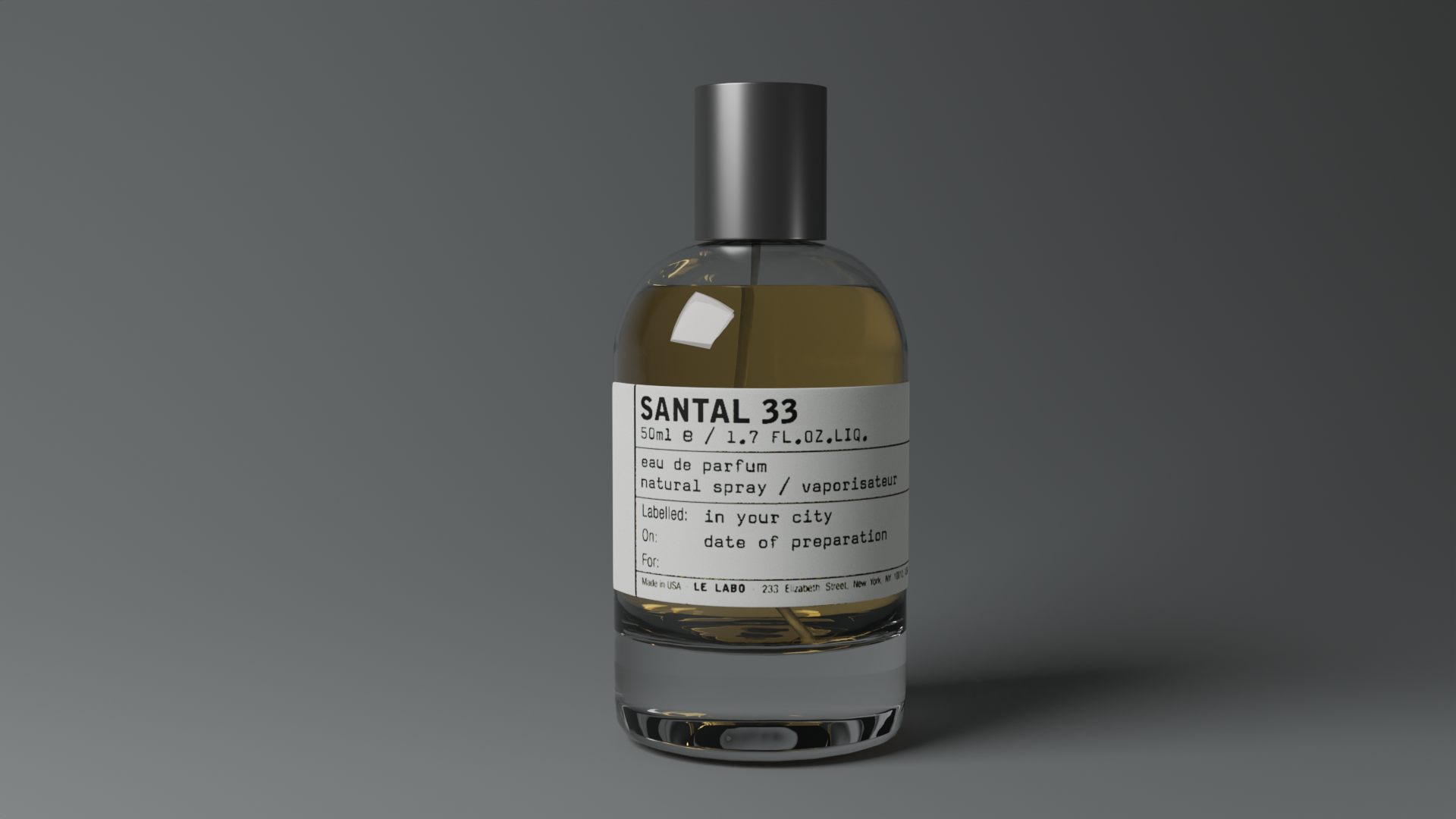 A perfume bottle labeled 'SANTAL 33' with a black cap, containing amber-colored liquid, set against a gray background.