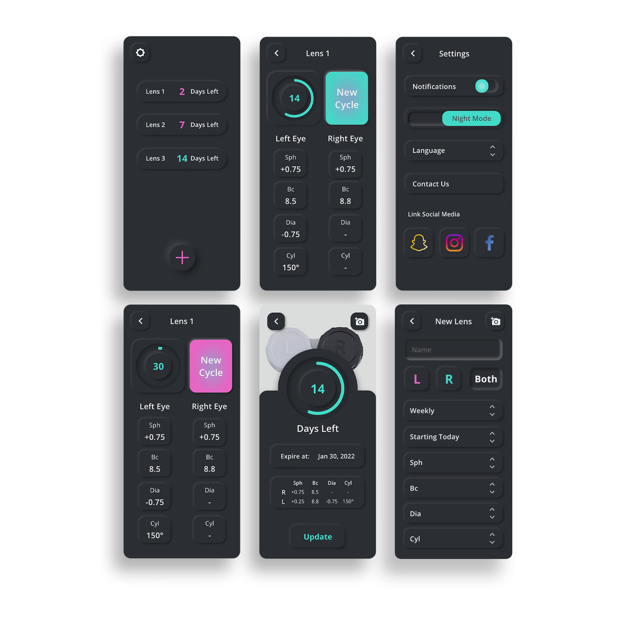 Screenshots of an eye contact lens management mobile app interface showing options for tracking lens durations, adjusting lens parameters, and app settings, including notifications and social media links.