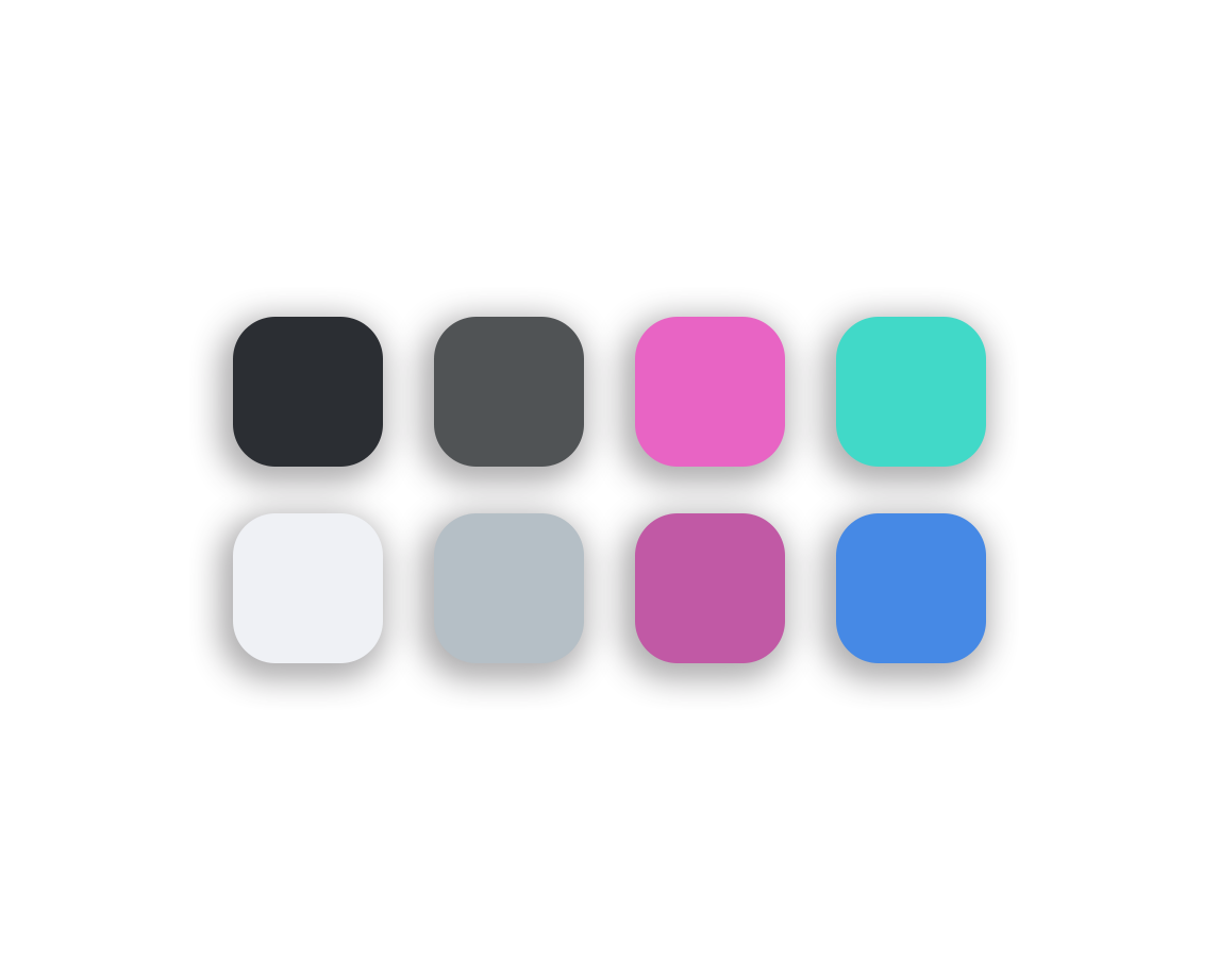 Color palette with ten color swatches in black, dark gray, purple, teal, white, light gray, purple, blue, and light blue.