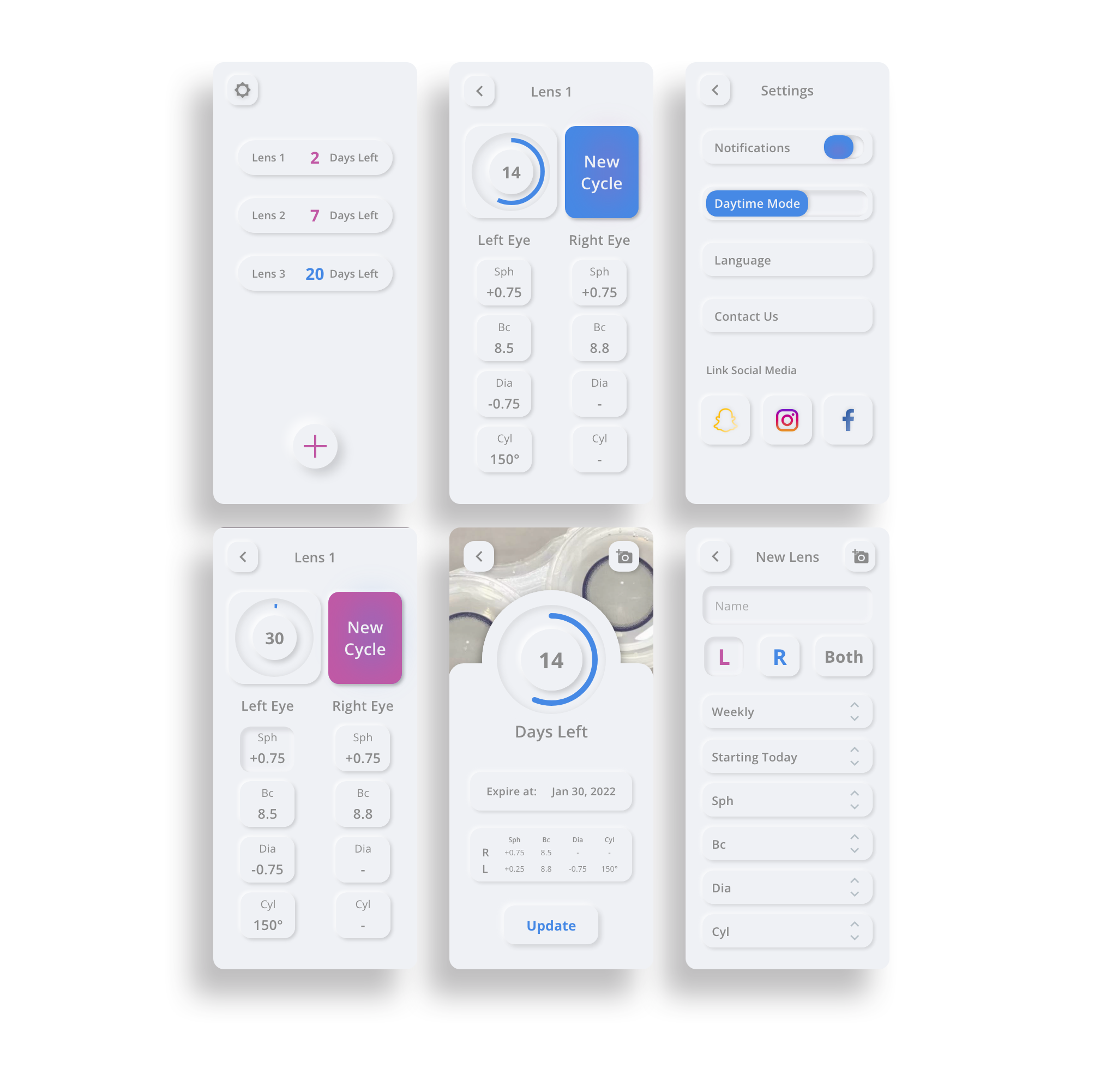 Screenshot of a contact lens management app with sections for lens cycles, settings, social media links, and target dates for lens replacement.