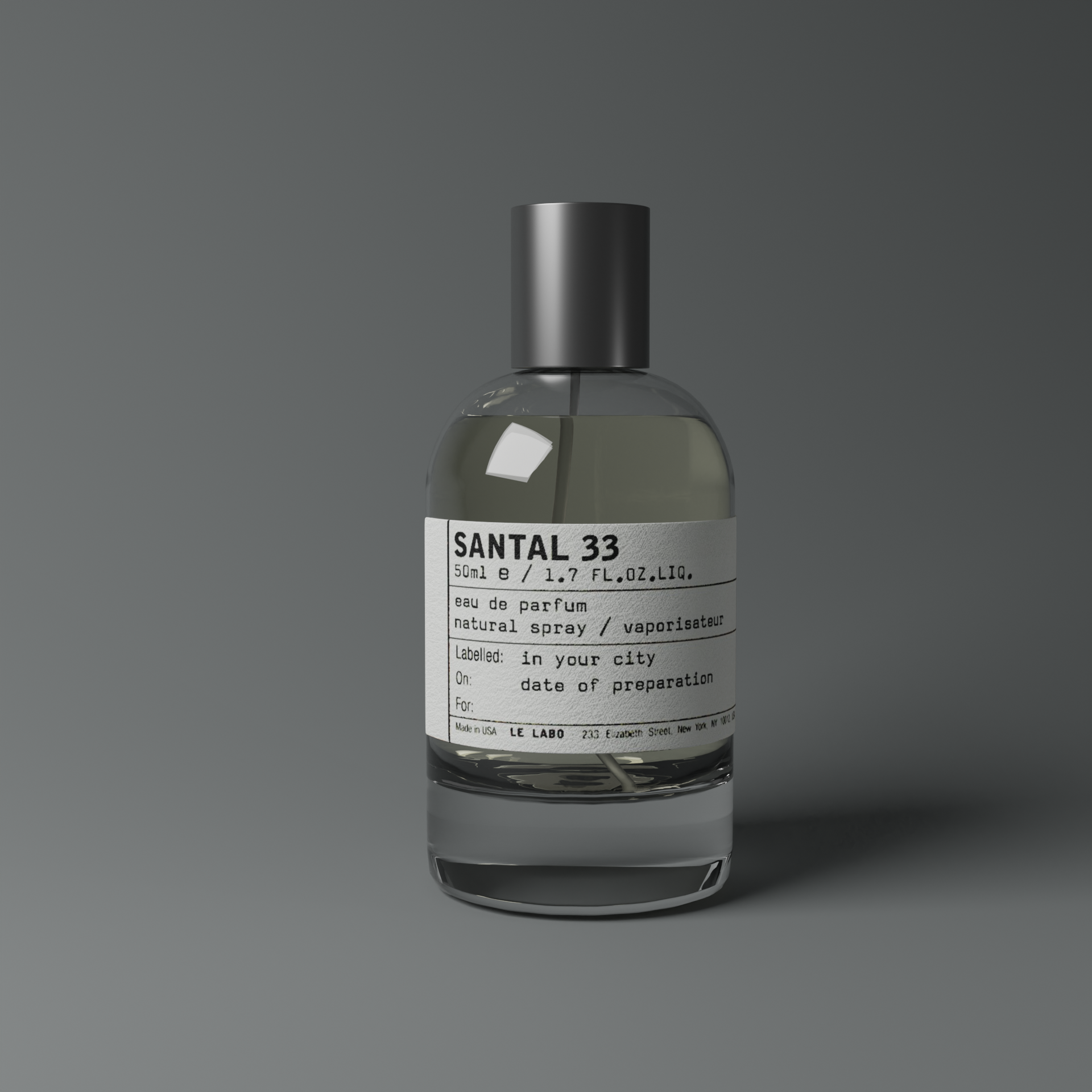 A clear glass perfume bottle with a metallic cap, labeled 'SANTAL 33', containing a fragrance called 'eau de parfum natural spray', placed on a gray background.
