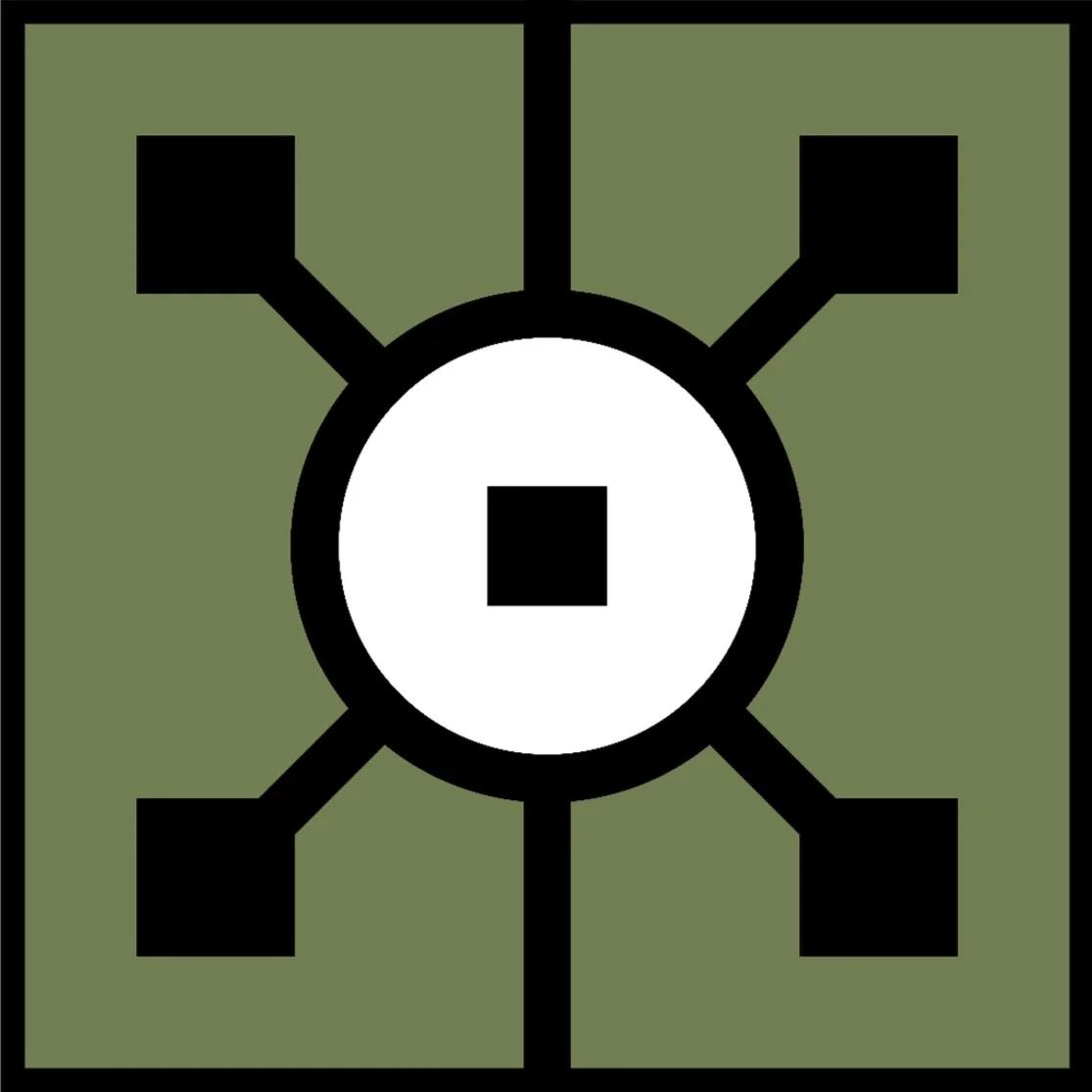 A digital illustration of a central white circle with a black square inside, connected to six black squares around it by black lines, on an olive green background.