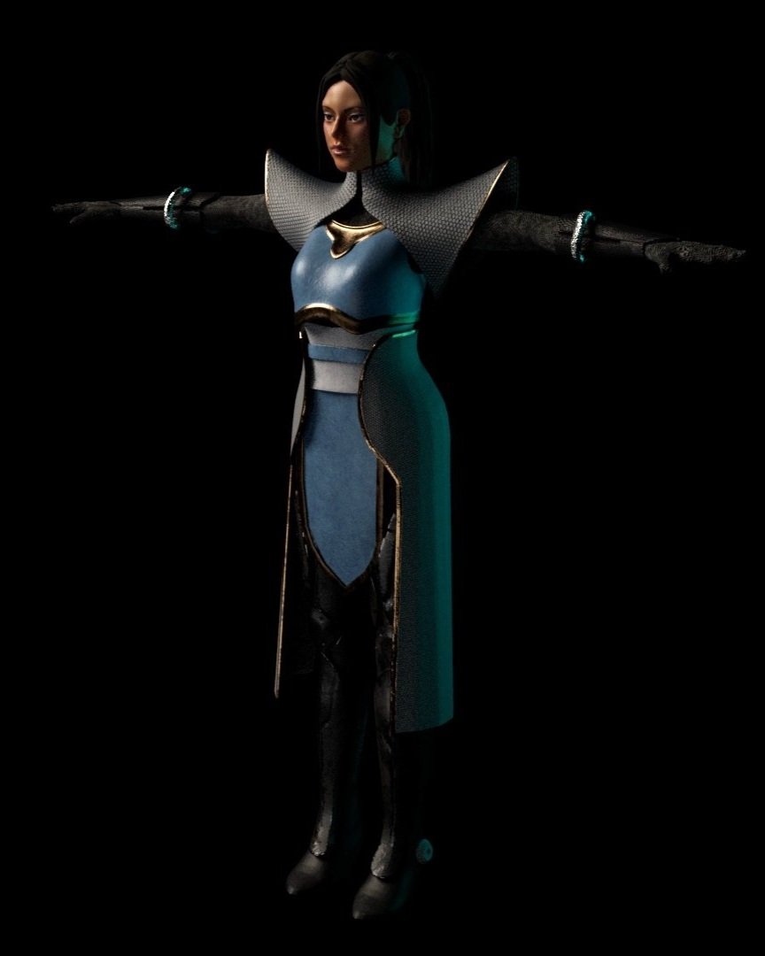A woman in futuristic armor and clothing, arms extended to the sides, against a dark background.
