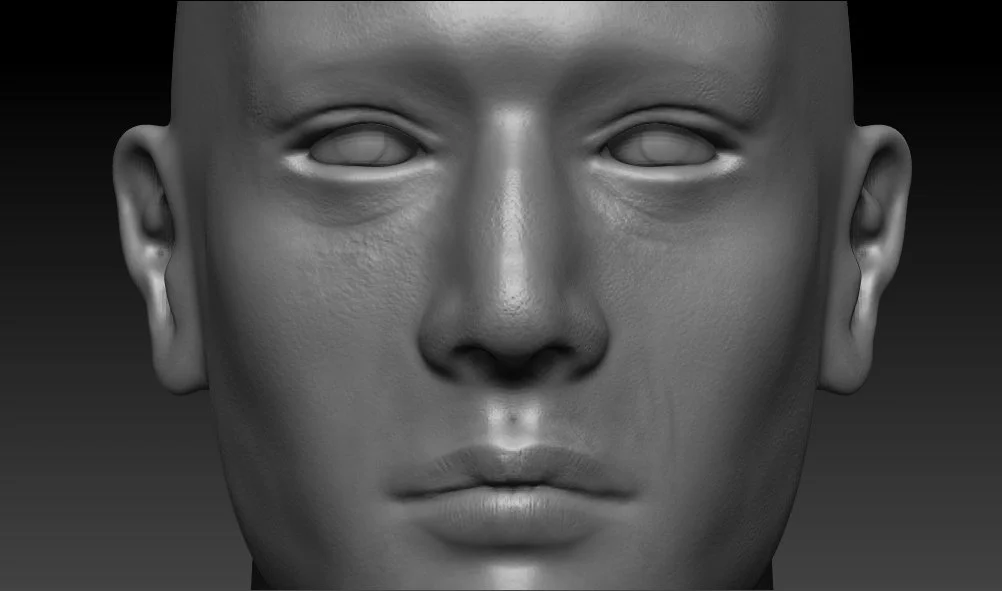 A grayscale 3D-rendered digital sculpture of a human face with closed eyes, visible skin texture, and detailed facial features.