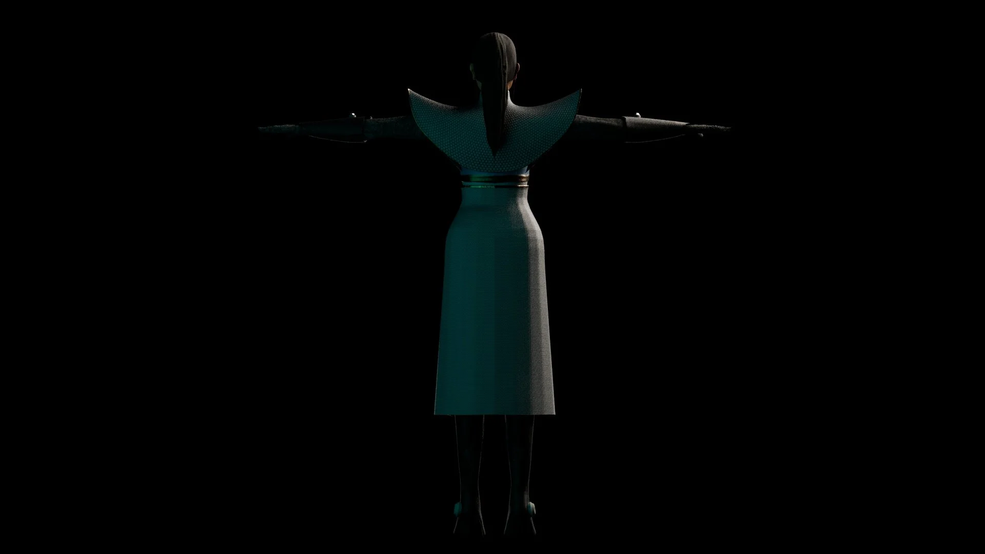 Futuristic humanoid robot with robotic limbs, standing with arms outstretched, illuminated by a faint blue light against a black background.