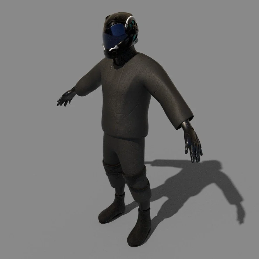 A humanoid robot wearing a black helmet, a dark gray long-sleeve shirt, black gloves, dark pants, and black boots, standing against a gray background with arms slightly extended.