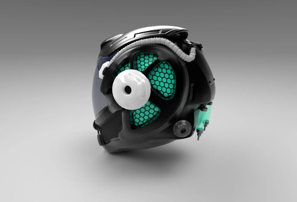 A futuristic helmet with integrated breathing apparatus and a ventilation fan with teal accents.