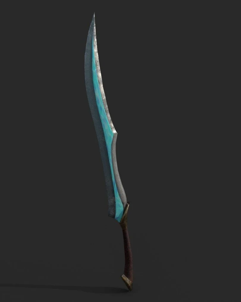 A fantasy-style sword with a curved, dark blade accented with blue glow, and a dark handle.