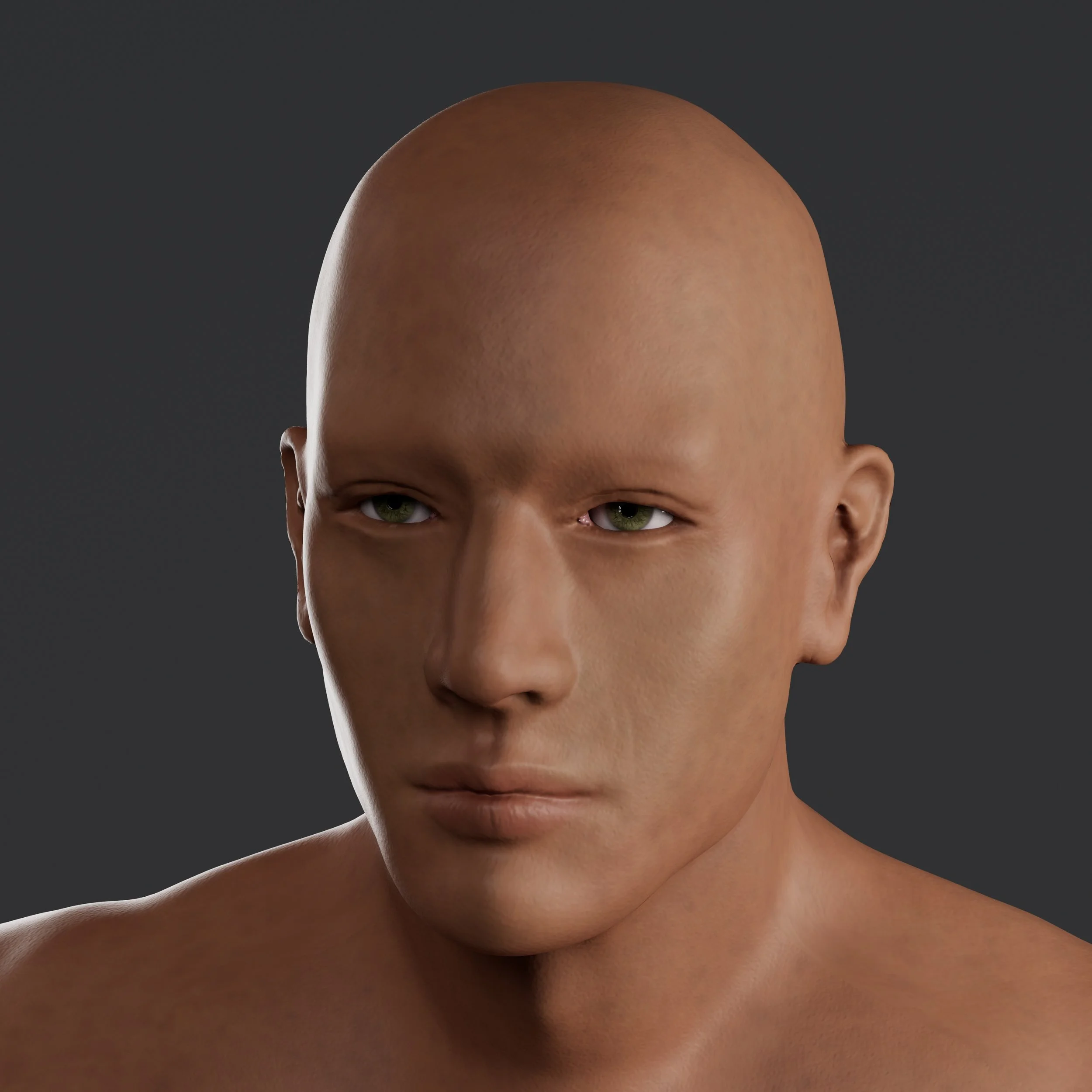 Close-up of a bald person with green eyes and light skin against a dark background.