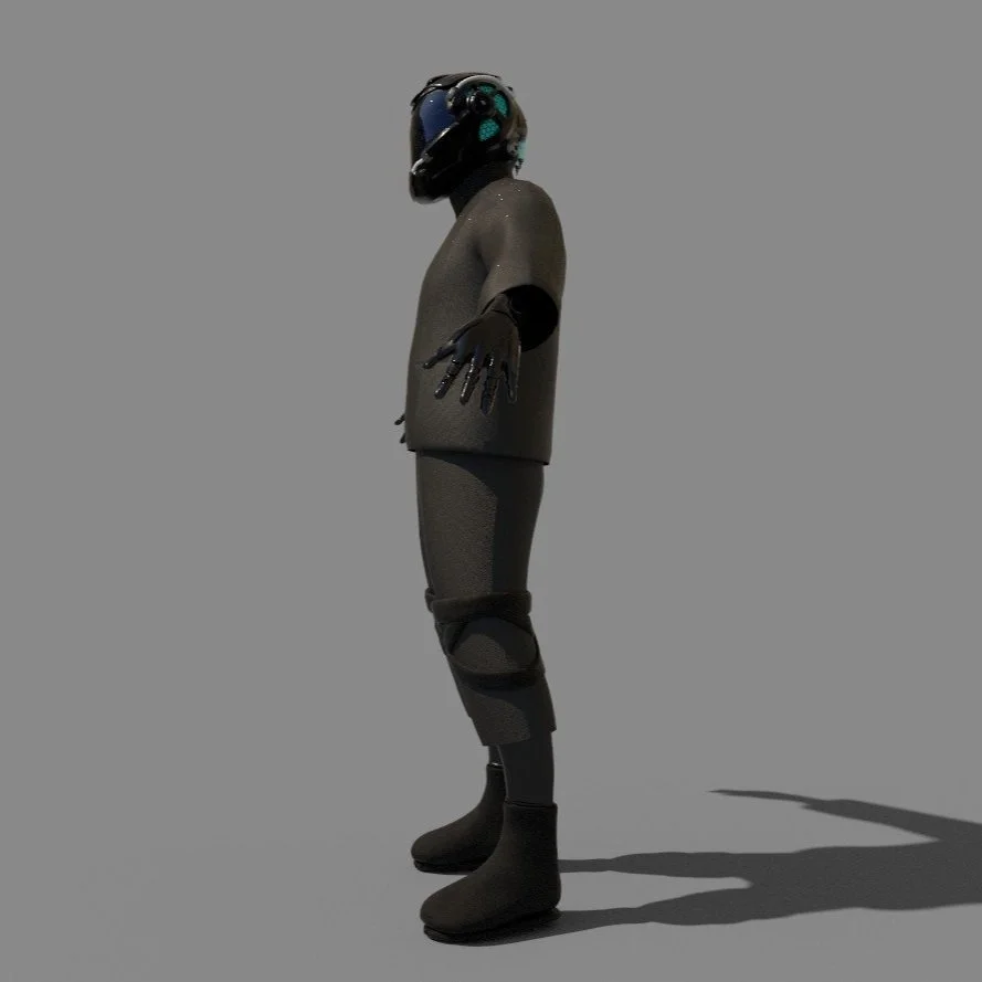 A humanoid robot with a black helmet and a sleek dark gray body standing against a gray background.