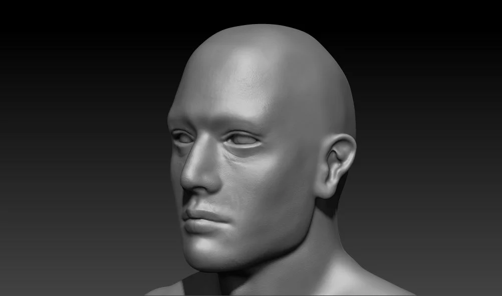 Gray 3D digital sculpture of a human male head and shoulders against a dark background.