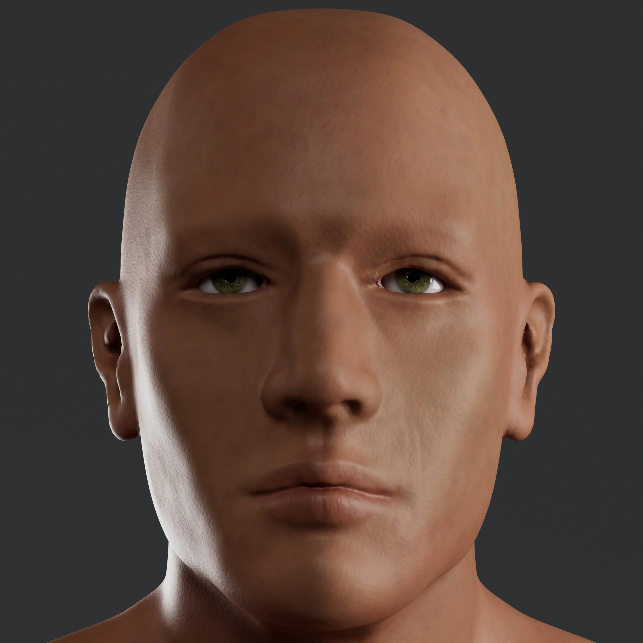 Close-up of a bald person's face with a neutral expression, green eyes, and smooth skin against a dark background.