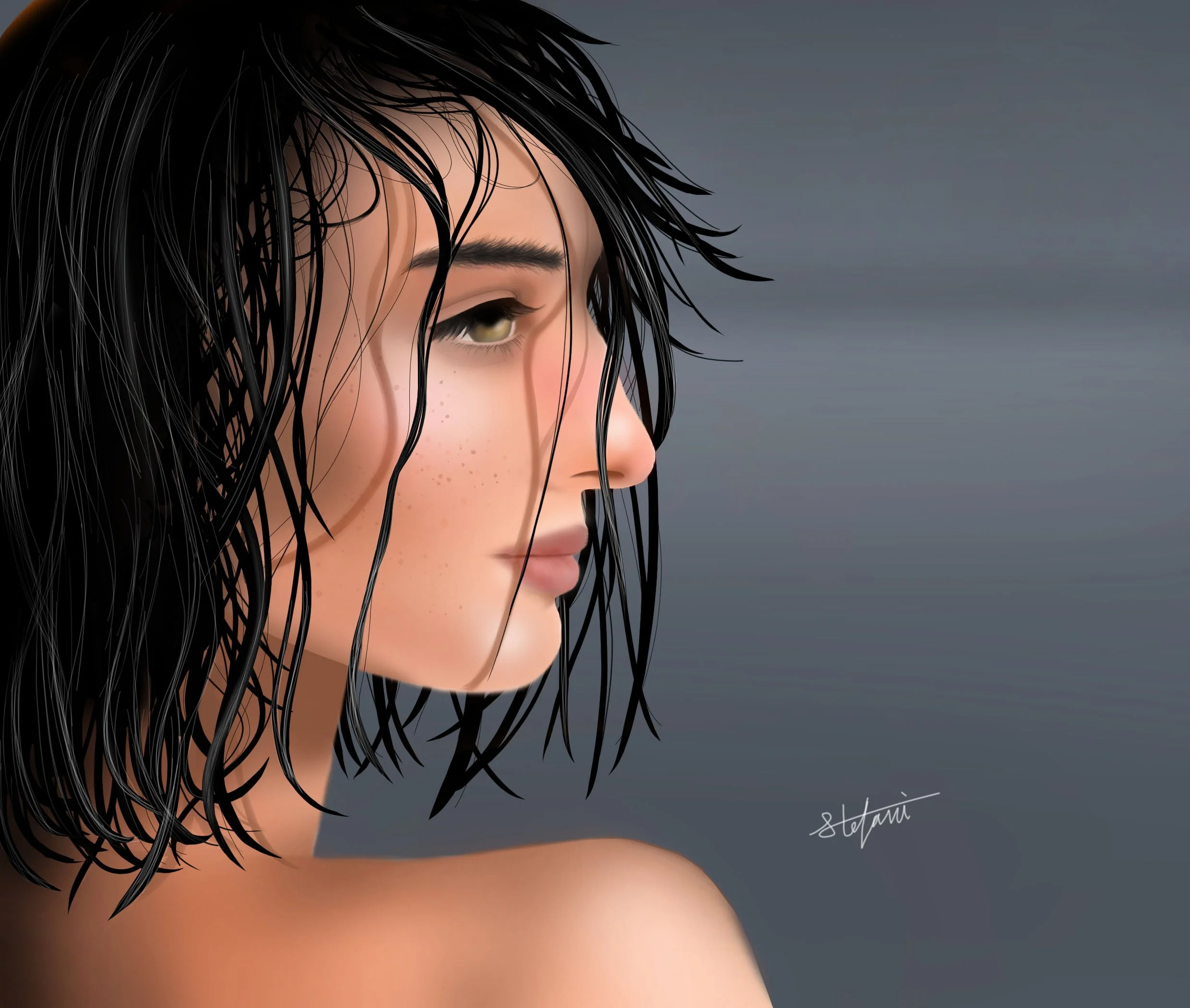 Digital artwork of a woman with wet black hair, looking to the side, against a gray background.
